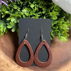 Faux Leather Brown Cutout Water Drop Earrings